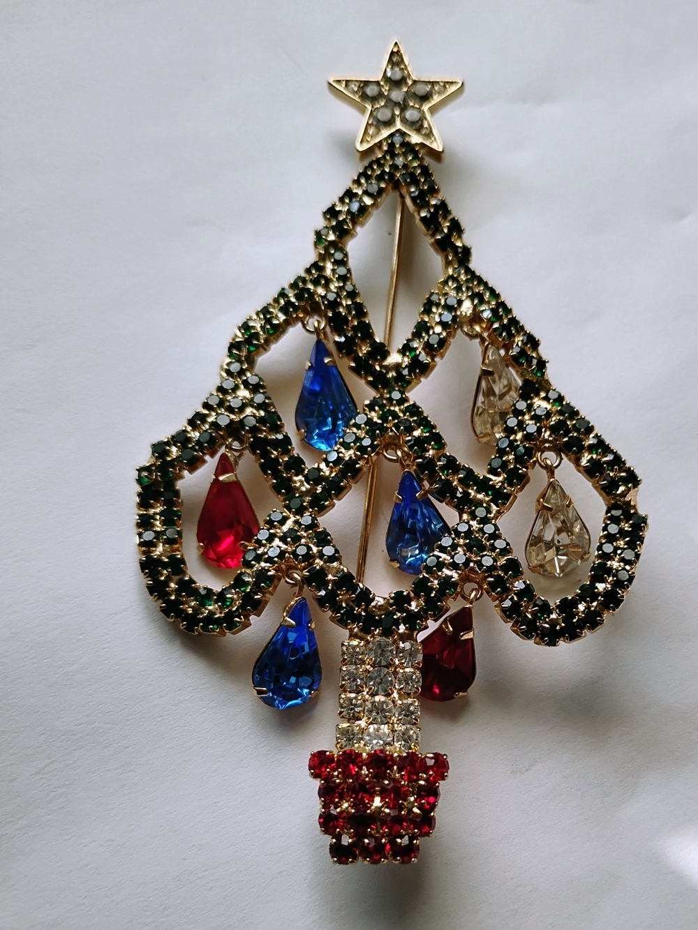Gold-Tone Holiday Tree Brooch with Green, Red, Blue & Clear Teardrop Crystals